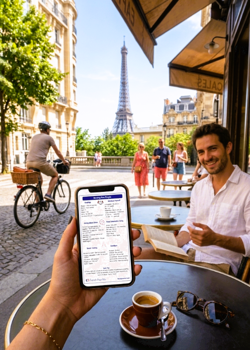 POV photo of using the cheatsheet to communicate with locals whilst travelling in France